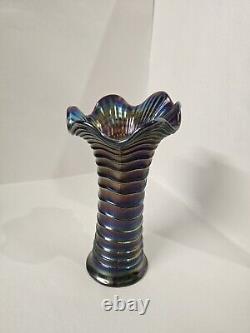 Electric Purple Imperial Carnival Glass Ripple Vase 9 1/2 Tall 3 3/8 Base Rare