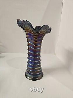 Electric Purple Imperial Carnival Glass Ripple Vase 9 1/2 Tall 3 3/8 Base Rare