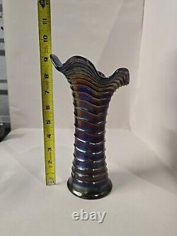 Electric Purple Imperial Carnival Glass Ripple Vase 9 1/2 Tall 3 3/8 Base Rare