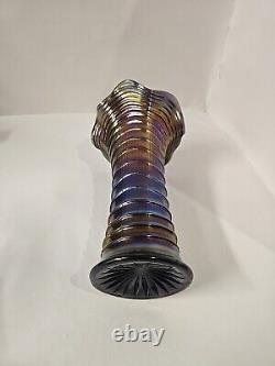 Electric Purple Imperial Carnival Glass Ripple Vase 9 1/2 Tall 3 3/8 Base Rare