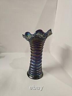 Electric Purple Imperial Carnival Glass Ripple Vase 9 1/2 Tall 3 3/8 Base Rare