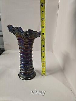 Electric Purple Imperial Carnival Glass Ripple Vase 9 1/2 Tall 3 3/8 Base Rare