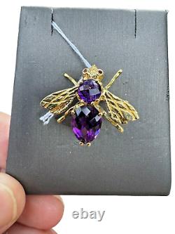 NEW 13.5g SOLID 18K Yellow GOLD & Amethyst FLY brooch hand made & RARE