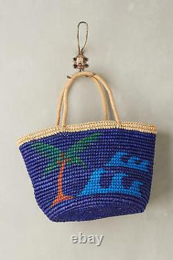 NWT $288.00 Anthropologie La Playa Straw Tote Bag in Royal Blue/Caramelo RARE