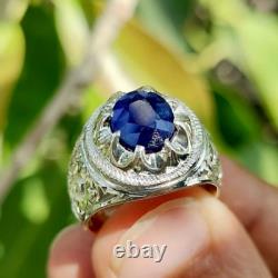 Natural Royal Blue Sapphire Stone Ring Rare Neelam Handmade Engraved Ring 925