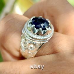 Natural Royal Blue Sapphire Stone Ring Rare Neelam Handmade Engraved Ring 925