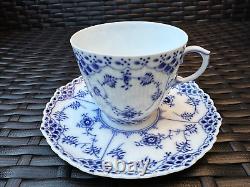 RARE ROYAL COPENHAGEN Blue Fluted Full Lace Flat Cup &Saucer, Pristine Condition