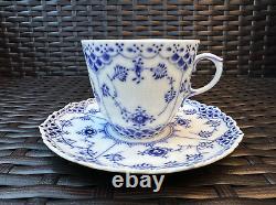 RARE ROYAL COPENHAGEN Blue Fluted Full Lace Flat Cup &Saucer, Pristine Condition