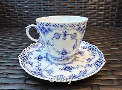 RARE ROYAL COPENHAGEN Blue Fluted Full Lace Flat Cup &Saucer, Pristine Condition