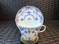 RARE ROYAL COPENHAGEN Blue Fluted Full Lace Flat Cup &Saucer, Pristine Condition