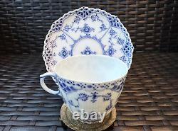 RARE ROYAL COPENHAGEN Blue Fluted Full Lace Flat Cup &Saucer, Pristine Condition