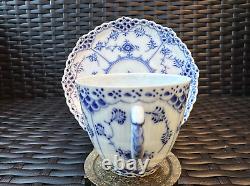 RARE ROYAL COPENHAGEN Blue Fluted Full Lace Flat Cup &Saucer, Pristine Condition