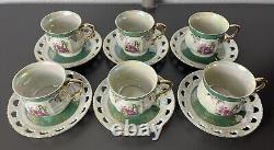 ROYAL JAPAN 12 PC Slotted Tea Cup and Saucer Set Iridescent Opal Gold Trim RARE