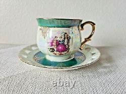 ROYAL JAPAN 12 PC Slotted Tea Cup and Saucer Set Iridescent Opal Gold Trim RARE