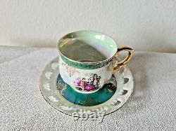 ROYAL JAPAN 12 PC Slotted Tea Cup and Saucer Set Iridescent Opal Gold Trim RARE