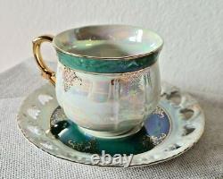 ROYAL JAPAN 12 PC Slotted Tea Cup and Saucer Set Iridescent Opal Gold Trim RARE