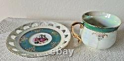 ROYAL JAPAN 12 PC Slotted Tea Cup and Saucer Set Iridescent Opal Gold Trim RARE