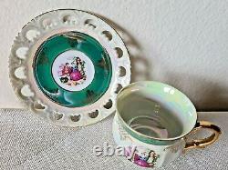 ROYAL JAPAN 12 PC Slotted Tea Cup and Saucer Set Iridescent Opal Gold Trim RARE