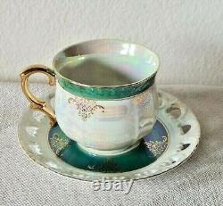 ROYAL JAPAN 12 PC Slotted Tea Cup and Saucer Set Iridescent Opal Gold Trim RARE