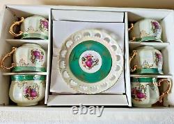 ROYAL JAPAN 12 PC Slotted Tea Cup and Saucer Set Iridescent Opal Gold Trim RARE