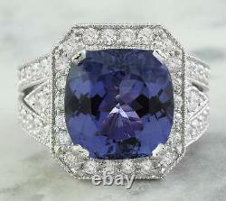 Rare Cushion Shape Blue 9.85CT Tanzanite With 1.74CT White CZ Royal Wedding Ring
