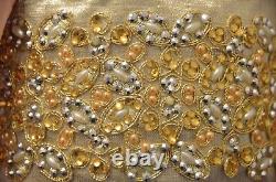 Rare D Stevens Royal Gold Metallic Flower Leaf Jeweled Pearl Wired Ribbon