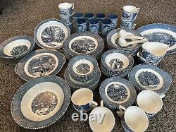 Rare Pieces Antique/Vintage Currier And Ives Bleu Dishes Set of 86 Royal USA