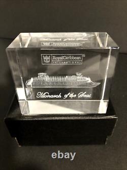 Rare ROYAL CARIBBEAN Monarch Of The Seas Ship 3D Etched Crystal Block withBox NEW