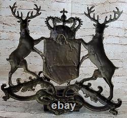 Royal Achievement of Arms Two Reindeers Crown Shield Bronze Sculpture Crest Gift