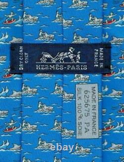 Sweet Brand New Tag Hermes Tie Silk Royal Blue Happy Surfing Joe Rare Mint