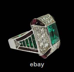 Very Fine Rare Art Deco 4.02CT Emerald, Ruby, White CZ & Onyx Royal Look Ring