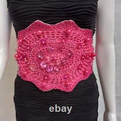 Women belt big large faux leather varnish gloss rhinestone crochet pink beads by