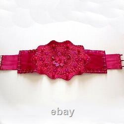 Women belt big large faux leather varnish gloss rhinestone crochet pink beads by