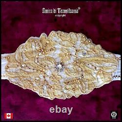 Women belt faux leather italian fashion rhinestone royal macrame gold white big